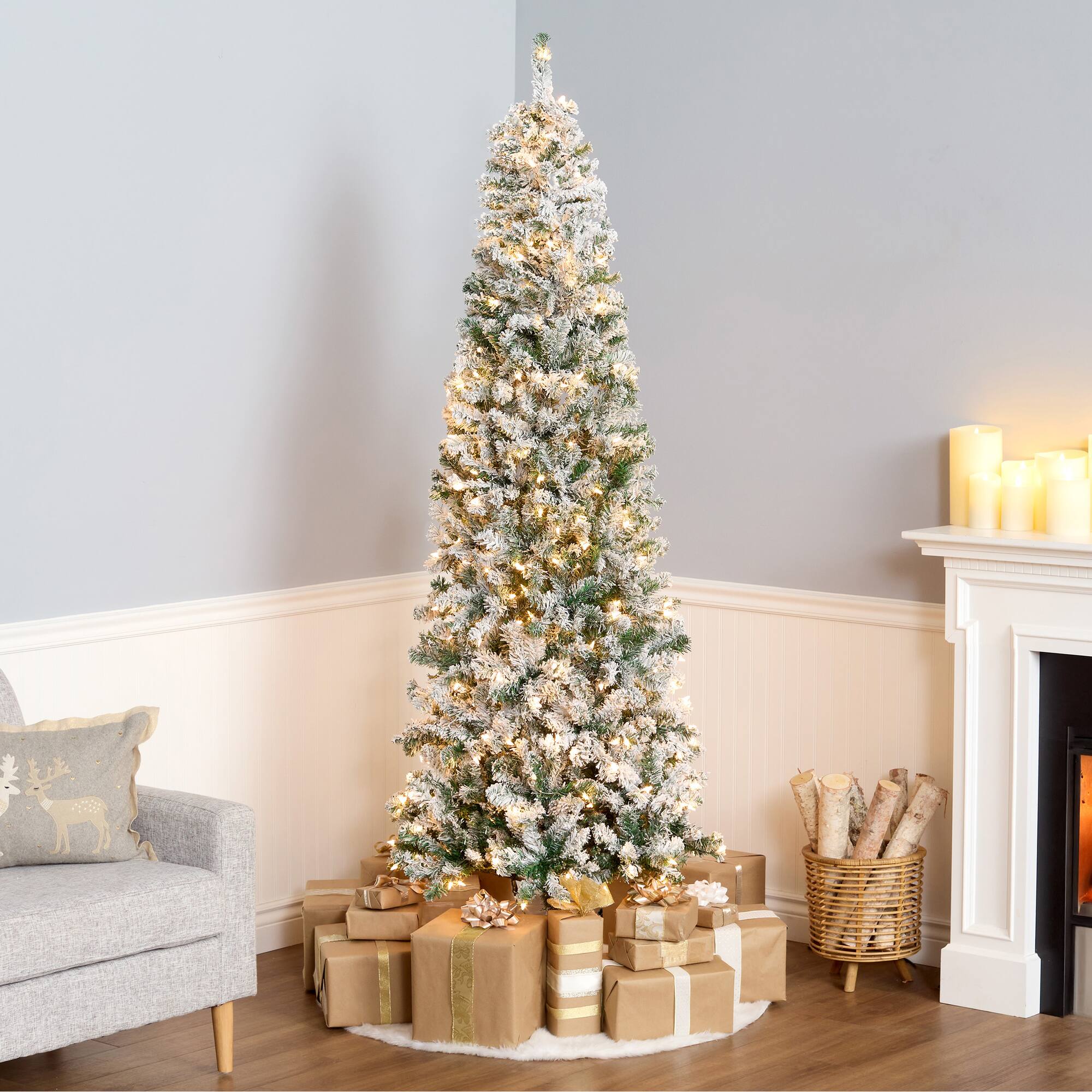 7.5ft. Pre-Lit Acacia Medium Flocked Artificial Christmas Tree, Clear Lights
